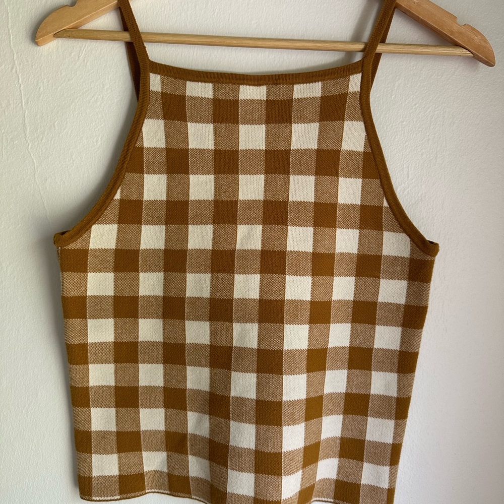 Madewell Brown and White Checkered Knit Tank Top
